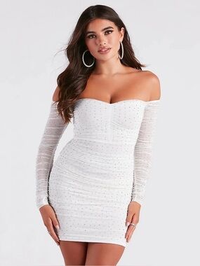Windsor White Off-Shoulder Rhinestone Bodycon Dress with Sheer Sleeves